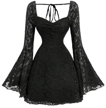 GORGLITTER Women's Lace A Line Flared Short Dresses Sweetheart Neck Bell Long Sleeve Tie Backless Date Night Dress Black Medium