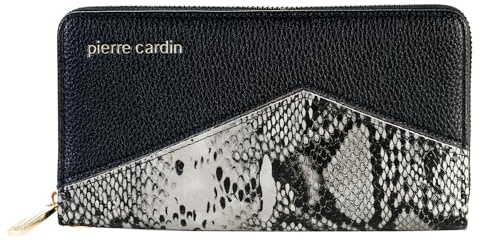 PIERRE CARDIN Portefeuille pour femme, en simili cuir, beau, grand, spacieux, cuir, cadeau, portefeuille avec porte-monnaie, porte-billets, portefeuille fille, Noir , L, Contemporain