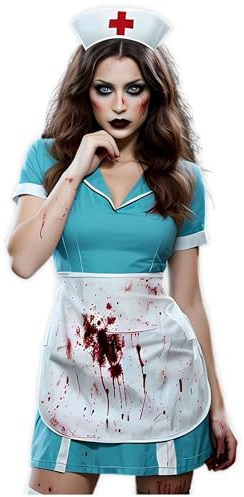 AKH® Bloody Nurse Fancy Dress Costume | Adult Women’s Zombie Horror Nurse Outfit with Blood Splatter | One Size | Scary Halloween Party Costume Includes a Dress, Apron & Hat