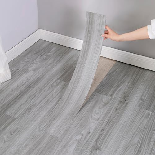 25Pcs Self Adhesive Floor Tiles, Wood Effect Flooring Planks, 41x16cm Wood Grain Peel and Stick on Tiles, Waterproof PVC Floor Stickers for Kitchen Bathroom and All Flat Floor (Grey)