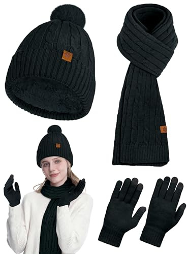 Horolam Damen Mütze, Schal & Handschuh-Sets, Beanie Mütze Winter mit Bommel Fleece Gefütterte, Touchscreen Handschuhe Schal Wärmer Cap 3 in 1 Set
