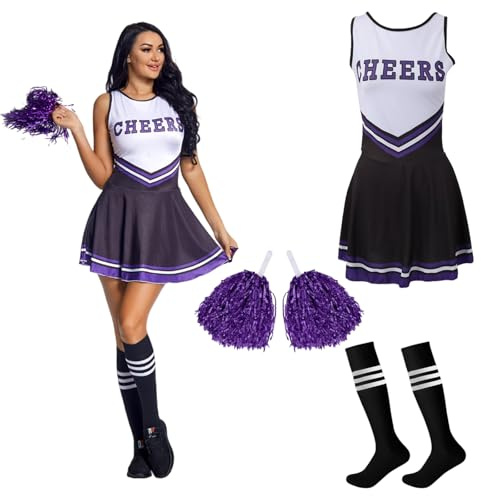 MUNSKT Cheerleader Fancy Dress Outfit,Cheerleading Outfit with Pom Poms,Cheerleader Costume for Women Girls,Uniform High School Dress,Cheerleader Outfit Adult Fancy Dress Costume (Black, XL)