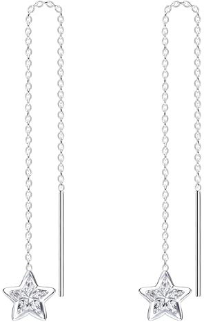 LÖB 925 Silber Durchzieher Ohrringe Hängend Zirkonia Stein Stern Anhänger Damen Einfädler zum Durchziehen Ohrhänger Glitzer Modern Hängeohrringe Kurz