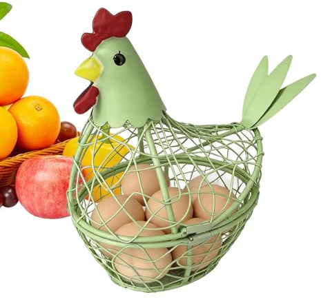 Egg Collecting Basket,Metal Rustic Kitchen Decor,Chicken Egg Holder Hen Shaped Basket - for Farmhouse Counter Backyard Garden Coop Easter Fruit Vegetable
