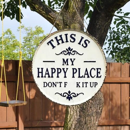 Vintage-Statement-Metallschild, „This Is My Happy Place”, Lieblingsplatz Schild, Retro Blechschild Garten, Vintage Runde Gartenwanddekoration, Hängende dekorative Schilder und Plaketten, 30 cm