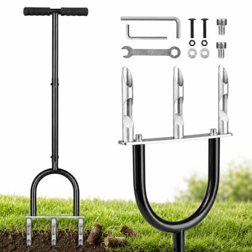 Qdreclod Arieggiatore per Prato Manuale 3 Denti Cavi, Aeratore da Prato in Ferro Nero Regolabile 35-40 Pollici, Scarificatore con Manico a T per Giardino, Cortile e Terreni Compatti