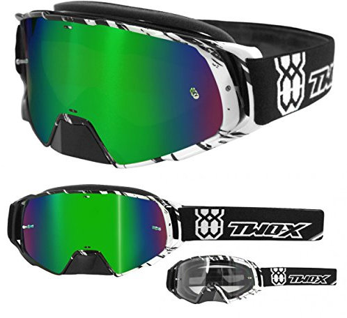 TWO-X Cross-Brille - Motocrossbrille mit verspiegeltem grünen - Motorradbrille - Enduro & Downhill - Schutz-Brille - Rocket - Crush Schwarz-Weiß