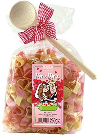 Bull & Bear bunte Herz Nudeln, 250g, Motivnudeln aus Hartweizengrieß, handgefertigt in deutscher Manufaktur, Pasta Geschenk, inkl. Holzlöffel