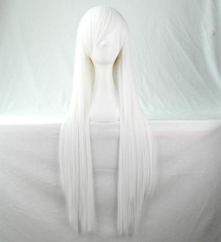 Perruques Cosplay pour Femmes Longue Raides 32''/ 80cm Blonde Rose Rouge Noir Cheveux pour Noël Halloween Concerts Gratuit Filet à Cheveux & Epingle à Cheveux (Blanc)