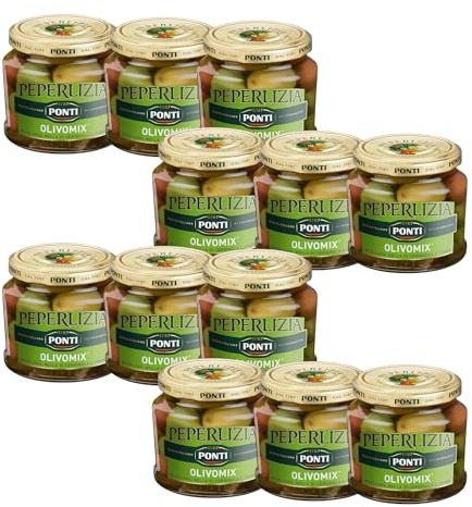 Olive Peperlizia Olivomix, Mix di Olive Formato da Olive di Nocellara, Bella di Cerignola e Itrana, Perfette per Aperitivi e per Arricchire Qualsiasi Piatto, 100% Made in Italy, 12 Vasi da 350 g