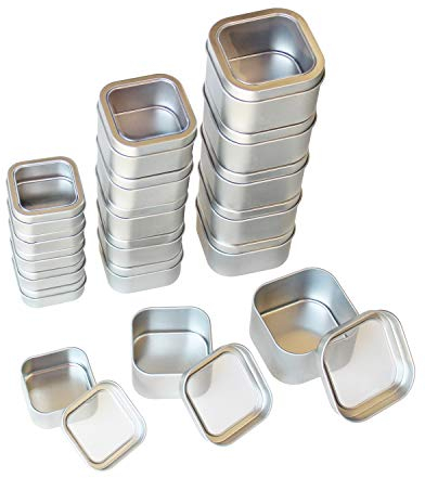 18-Pack leere quadratische Silber Metalldosen mit klarem Fenster für Kerzenherstellung, Süßigkeiten, Geschenke und Schätze, gemischte Größen