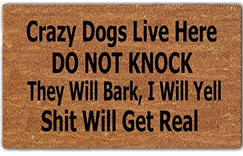 Eureya Funny Doormat Crazy Dogs Live Here Do Not Knock They Will Bark; I Will Yell Shit Will Get Real Door Mat Welcome Mat Indoor Outdoor 45x75cm