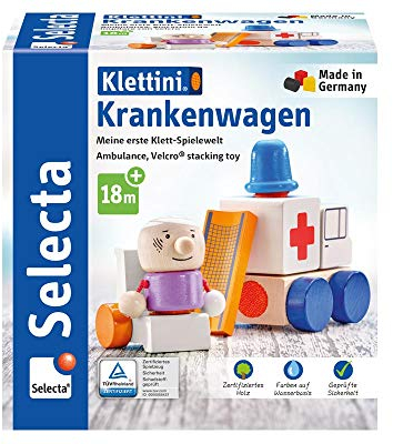 Selecta 62081 Krankenwagen, Flieger, Klett-Stapelspielzeug aus Holz, 7 Teile