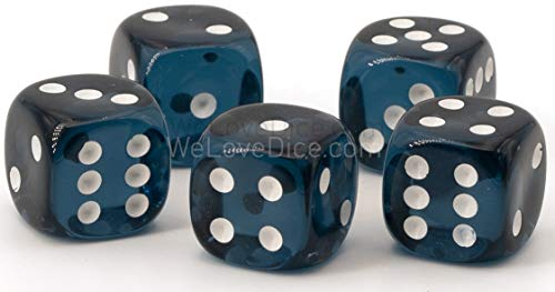 WeLoveDice 16mm W6 Würfel Petrol transparent/weiß - Made in Germany! - 5Stk