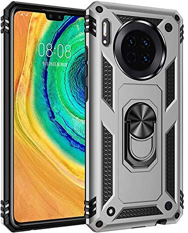 nh Custodia Huawei Mate 30, Cover 360° Girevole Ring Armor Bumper TPU Case Magnetica Supporto Smartphone Silicone Custodie con Pellicola Protettiva per Huawei Mate 30,Argento