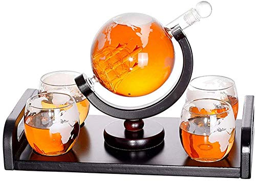 ZKHD Whiskey Globe Decanter Set Etched World Globe Decanter for Liquor, Bourbon, Vodka with 4 Glasses Gift-Box, Home Bar Accessories for Men, Kinds of Alcohol Drinks