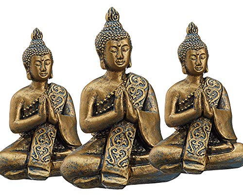 Cepewa Buddha Gold sitzend 3er Set Skulptur Statue Gartenfigur Feng Shui zur Gartendekoration (1 x 3er Set Buddha 10 cm)