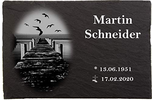 Urnengrabstein Steg mit Vögeln, Grabstein, Grabplatten mit personalisierter Lasergravur, 30cm x 20cm 100% witterungsbeständig, Naturschieferstein
