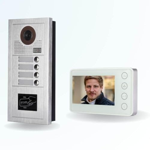 BT Security Portier interphone vidéo Modern 2 Fils - 4 Appartements - 4 écrans Blancs - avec Lecteur de Badge