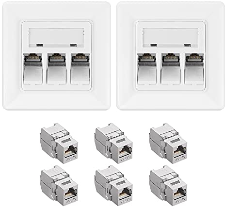 kwmobile Keystone Dose Modul Set - 6X Keystone Modul 2X Netzwerkdose 3-Port CAT 6A Kabel - 10Gibt/s geschirmt Metall Gehäuse RJ45 Schnappverschluss