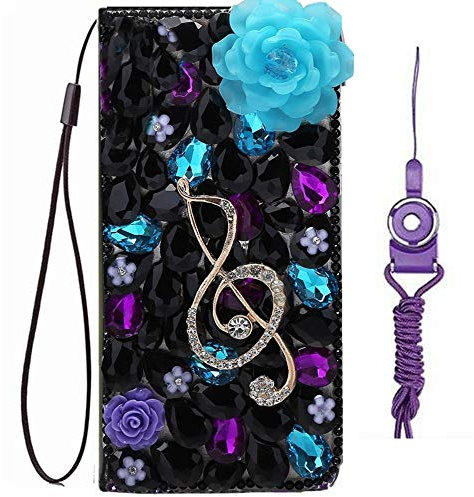 HFICY Schutzhülle für iPhone 12 Pro Max mit 2 Displayschutzfolien aus Glas für Damen, glitzernde Diamanten aus Leder, Filo-Schutzhülle und Umhängeband (Musiknoten-Blumen)