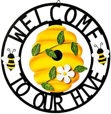 Willkommen in unserem Bienenstock, Metall, Bienenstock, Frühlingsdekoration, hängende Willkommensschilder, Wanddekoration, Haustür-Kränze, Hummel, Outdoor, Innen- und Außenbereich, 33 cm hoch