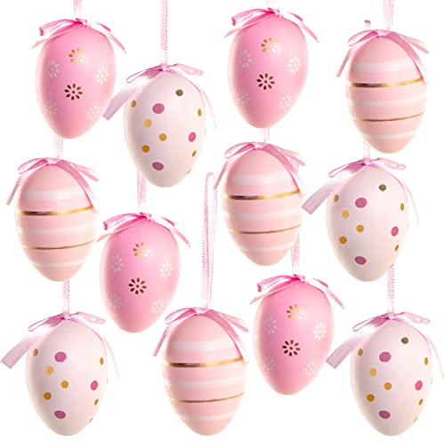Logbuch-Verlag 12 Ostereier Plastik rosa weiß 6 cm zum Aufhängen Osterdeko Eier Ostern hängend - Osterstrauch Zweige schmücken