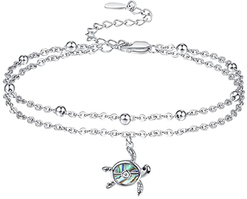 KINGWHYTE Meeresschildkröte Fußkettchen 925 Sterling Silber Layered Fußkettchen für Damen Schildkröte Einstellbare Abalone Shell Knöchel Armbänder Schmuck Geschenke für Frau Freundin Mutter