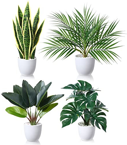 SOGUYI Plante Artificielle 40cm Sansevieria/Areca Palm/Bird of Paradise/Tropical Monstera Fausse Plante pour la Maison, Bureau et Décoration Interieur Exterieur(4 Stück)