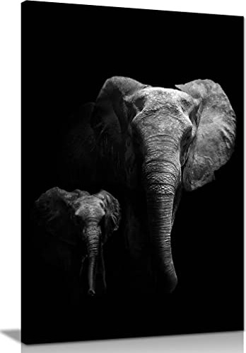 Panther Print Fine Art Prints Mother & Child Elephants in the Dark Artistic Framed Canvas Print, Pictures for Home Walls, Bedroom, Living Room & Bathroom Decor 31x20cm (12x8in)