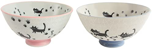 Mino ware Japanese Pottery Pair Rice Bowl Animal Pattern (set of 2) made in Japan (Japan Import) MIG005 (Black Cat)