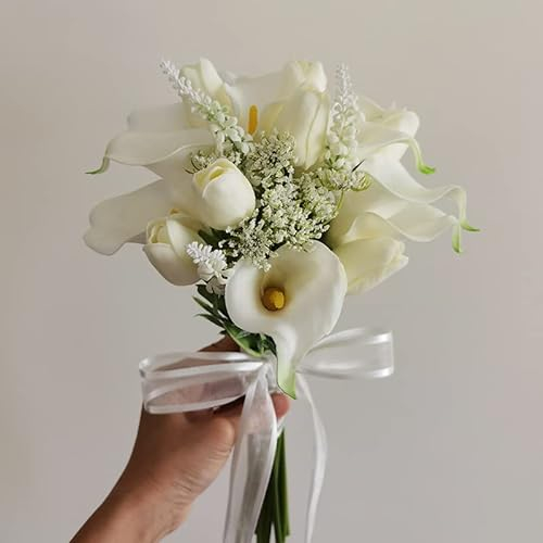 Xinhewong Tulpen Calla-Lilie Künstliche Blumen | fühlen sich echt an | Brautstrauß | Hochzeitsstrauß Heimdekoration Party (Weiß) (1 Blumenstrauß)