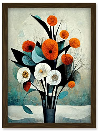 Doppelganger33 LTD Flowers Floral Display Bouquet Modern Abstract Teal Orange Artwork Framed Wall Art Print A4