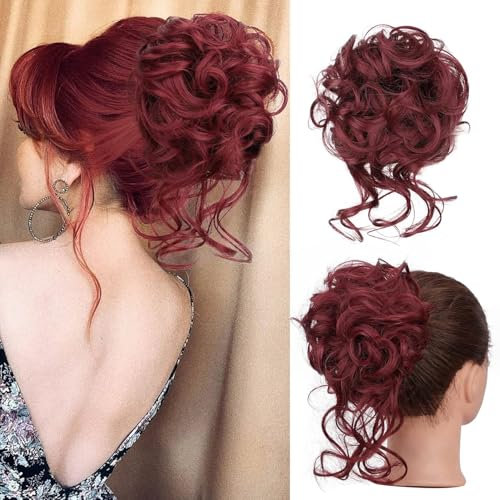 Dutt Haarteil Rot Gelockt Haargummi Mit Haaren Hochsteckfrisuren Haarverlängerung Messy Bun Haarteile für Damen Mädchen Weinrot