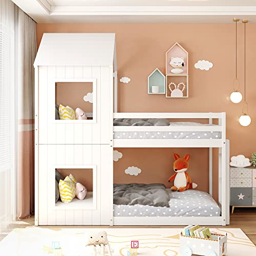 Kayan Kinderbett Hausbett 90 x 200 cm, Etagenbett mit Leiter & Baldachin, Massivholz-Etagenbettrahmen mit Lattenrost, Spielbett, Jugendbett, Bodentief (Weiß)