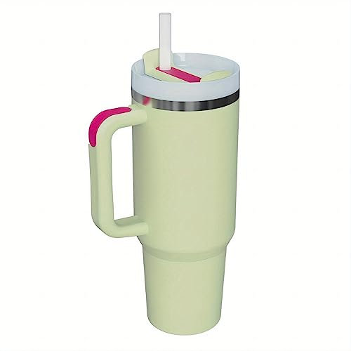Vaso de 30 oz con pajita y tapa, botella de agua de acero inoxidable reutilizable aislada, taza de viaje, taza de café helado caliente y frío con asa(Aguacate Verde)