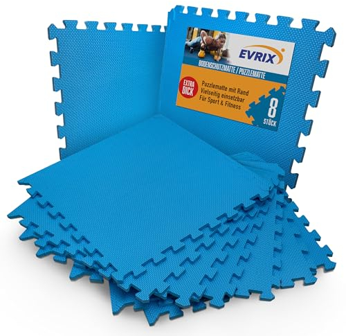 EVRIX® Bodenschutzmatte Blau Fitness extra dick (20% mehr Schutz) - 8 Teile (50x50cm) - Puzzlematte Sportmatte Pool unterlegmatte Yoga Matte Fitnessmatte Bodenmatte für Fitnessraum und Fitnessgeräte