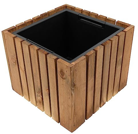 HRB Blumentopf Vintage eckig aus Echtholz beige, hochwertiger Holz Pflanztopf mit Kunststoffwanne mit 11,5 L Volumen für Innen und Außen, die Pflanzkübel haben EIN einzigartiges Design