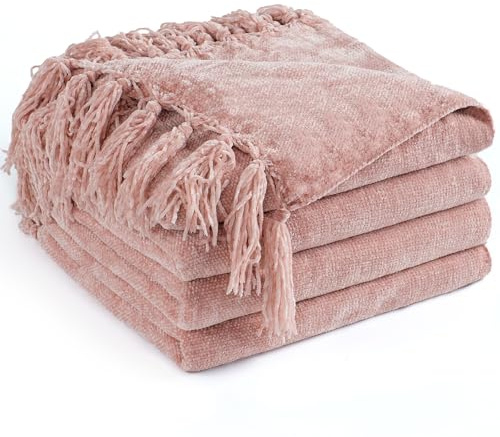 Long Create Chenille-Überwurfdecke für Couch, 127 x 152 cm, weiche, gemütliche Überwürfe mit Fransenquaste für Bett, Sofa, Stuhl, leicht, gestrickt, dekorative Boho-Decken für Wohnzimmer, Altrosa