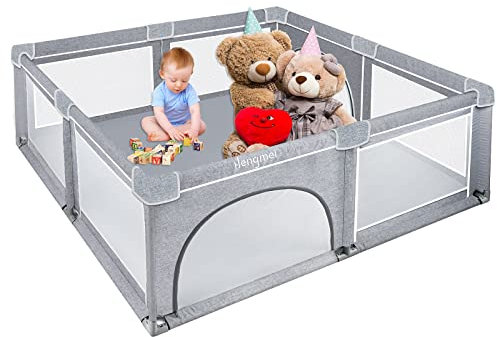 LILIIN Laufstall Baby Laufgitter L Schutzgitter Absperrgitter mit Rutschfester Basis, Kleinkinder Sicherheitsspielplatz für Kinder ab 6 Monate alt, Grau, 150x180x68cm