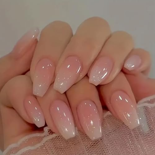 Ceboic 24Pcs French False Nails, Removable Full Cover Press on Nails, Medium Length Coffin Acrylic Fake Nails, Natural Stick on Nail with Jelly Glue for Women and Girls - Ice Transparent Pink