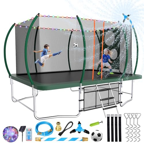 Lyromix 14FT Outdoor Rectangle Trampoline for Kids and Adults, Rectangular Trampoline with Curved Poles, Pumpkin Trampolin with Light, Sprinkler, Soccer and Storage Bag