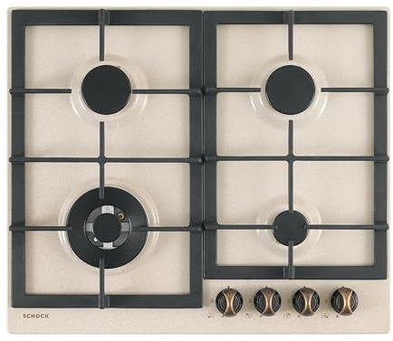 SCHOCK | Piano Cottura 4 Fuochi Gas Silver PC60 con Manopole in Metallo Anticate, Griglie in Ghisa, Valvole di Sicurezza, Avena, 585x500 mm