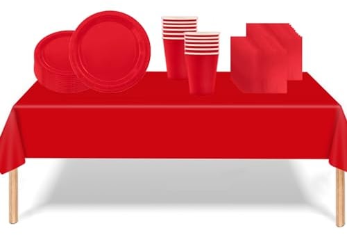53PCS Classy Red Tableware Decorations for Kids Christmas,Disposable Party Tableware Set Tablecloth Table Covers,7inch Paper Plates,Paper Napkins,Cups for Xmas Birthday Wedding Party Favor