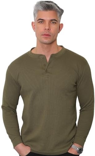 Men's Regular-Fit Long-Sleeved Henley Shirt Top Plain Grandad Neck Waffle Knit T-Shirt Lightweight Henley Tops for Gym (2208-A) (UK, Alpha, XL, Regular, Regular, Khaki)