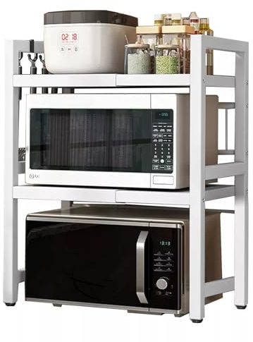 Multibao Expandable Microwave Shelf, 3 Tier Microwave oven Rack Stand Storage Holder Kitchen Corner Shelf Desktop Printer Shelf Rack, Bakers Rack (White)