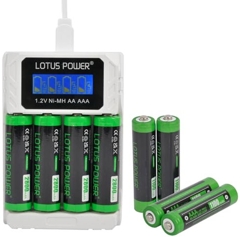 LOTUS POWER Universal 4-slot charger + 4 AA + 4 AAA batteries set, LCD NiMH charger with rechargeable battery AA AAA (1 charger & 8 batteries)