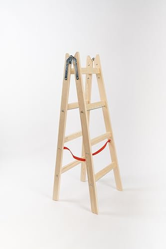 LADDERMAN Stabile Malerleiter 4 Stufen - Praktische Holzleiter, Indoor Outdoor Klappleiter mit Eimerhaken, Roten Sicherheitsgurten, Verstärkt, Breiten Sprossen - Zertifiziertes Kiefernholz