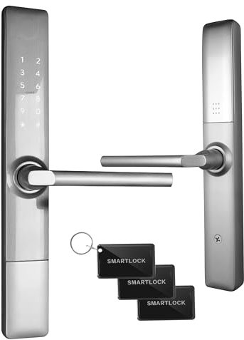 EURA ELH-71H4 Cerradura de puerta inteligente delgada con manija Cerradura combinada de 13,56 MHz Lector de proximidad IP65 Espaciado universal entre pernos más plata