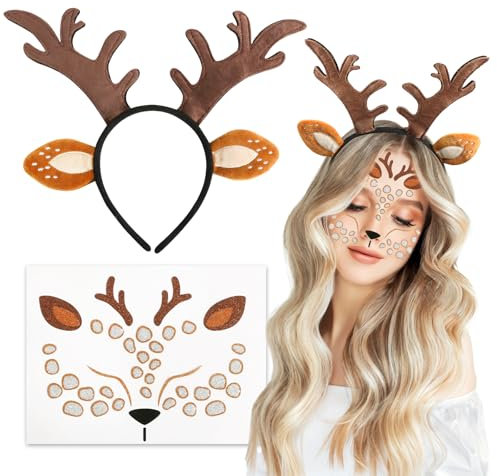 BOFUNX Rentier Haarreif Reh Haarband Haarschmuck + Rentier Gesicht Tattoos Reh Kostüm Accessoires für Fasching Karneval Mottoparty Halloween Cosplay